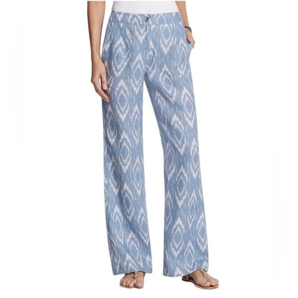 Chico's 100% Linen Ikat Print Wide Leg Pants Resortwear Vacation Preppy Small - Picture 2 of 16